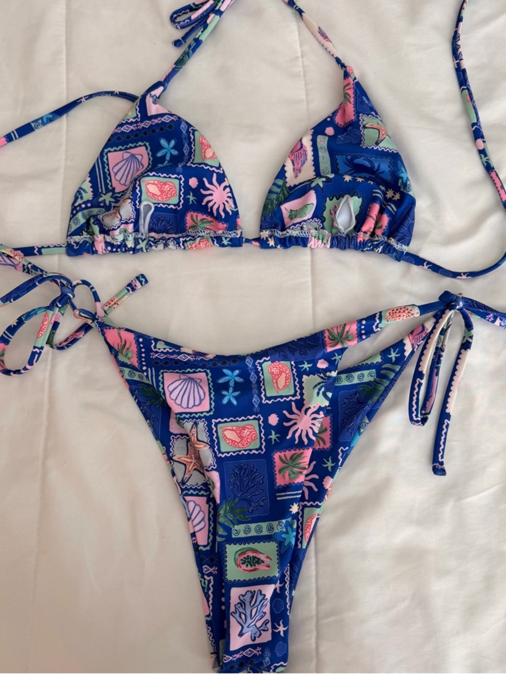 SHEIN Blue Multicolor Seashell Print Triangle String Bikini
